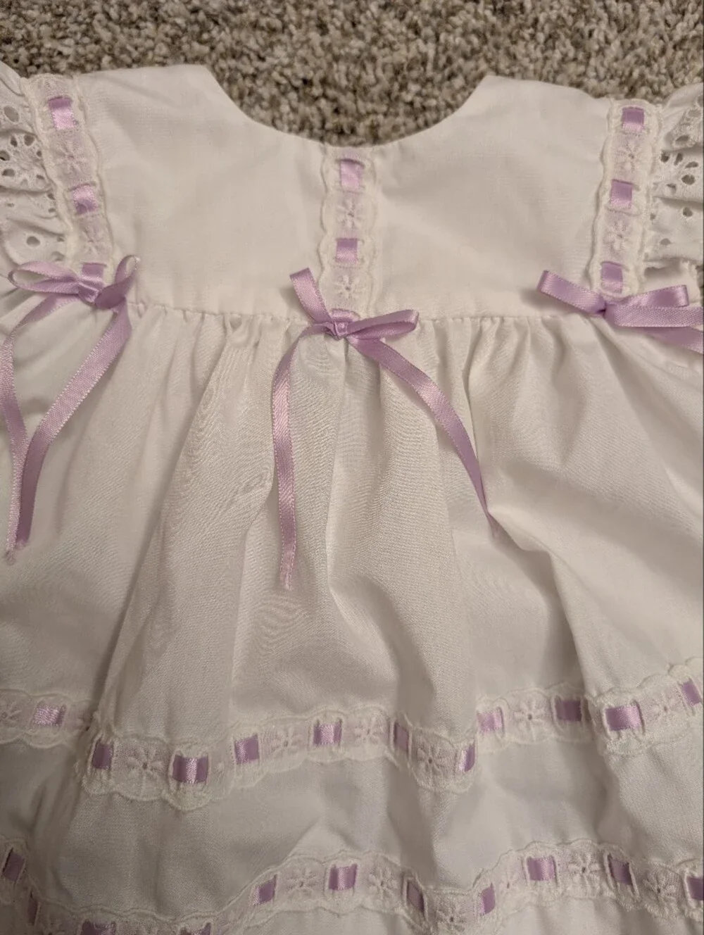 White Eyelet Baby Dress with Lavender Ribbon Handmade 6-9mo Formal Event Summer